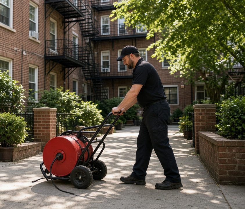 Drain technician arriving at a building with a drum drain machine