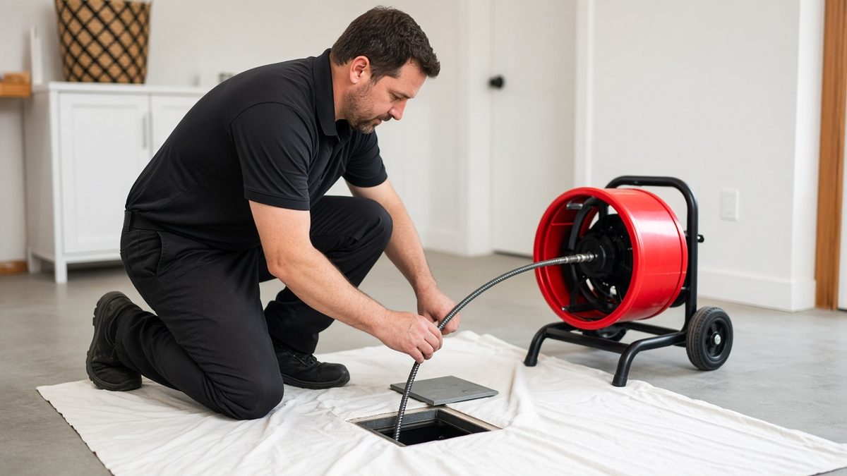 Technician on a drop cloth feeding a drain cable into a floor drain