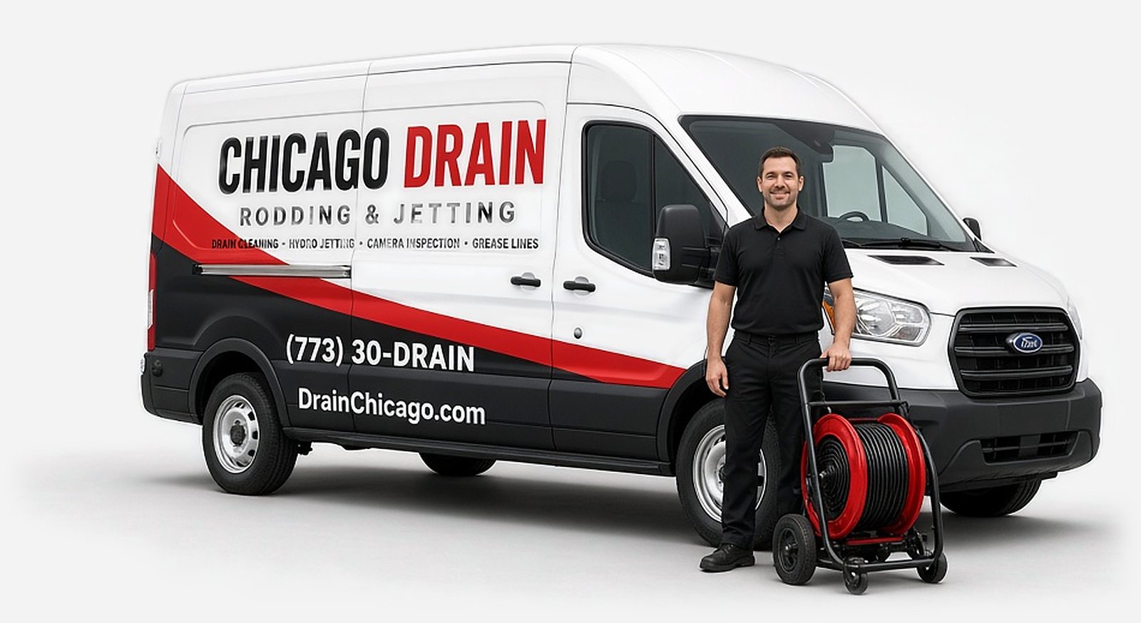 Illustration of a red, black and white Chicago Drain service van with a technician holding a drain rodding machine